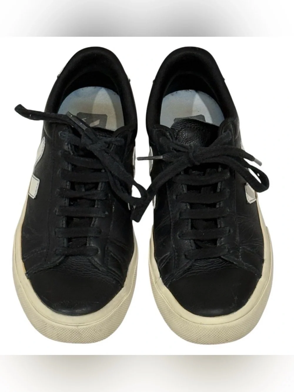 Veja Black Leather Sneakers with White V Detail